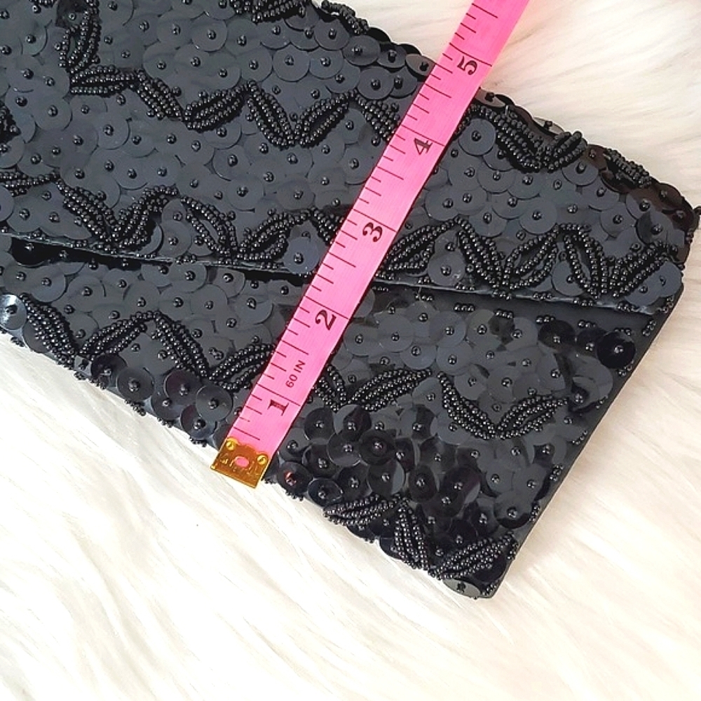 Vintage Full Sequin Beaded Black Flapper Style Clutch Wallet Gothic Hong Kong - Picture 14 of 14